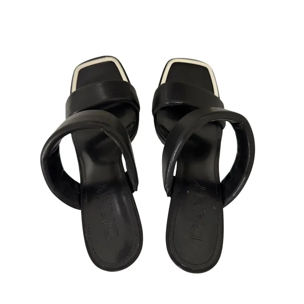 DKNY Ralia Leather Double Padded Strap Black Heels Square Toe| 9.5